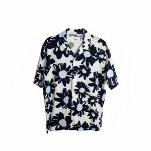 Folk Button Up Mens XL White Navy Blue Floral Seersucker Short Sleeve Camp Shirt